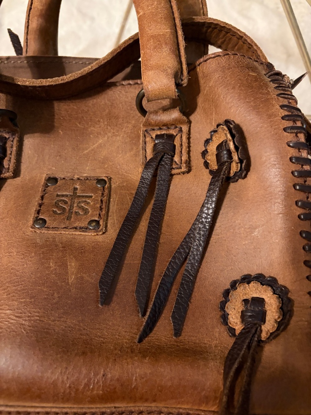 STS Ranchwear Sheridan Flower Leather Top Double Handle Brown Whipstitch Satchel - Picture 13 of 16